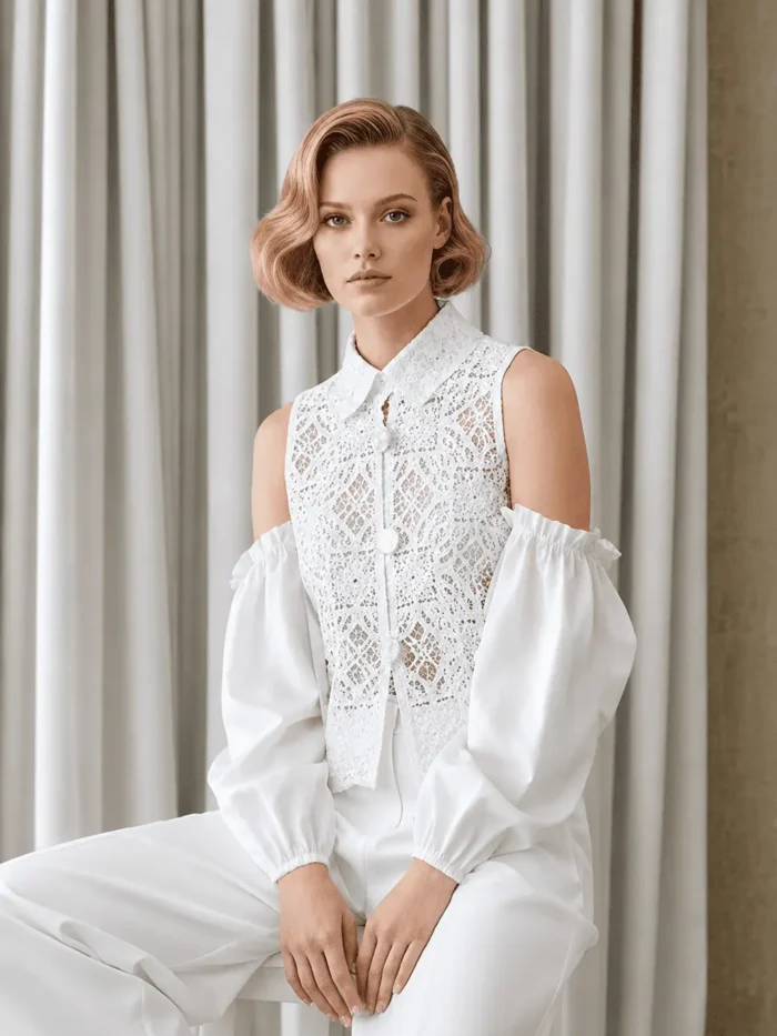 CA 1 - Top cropped in pizzo con maniche a sbuffo